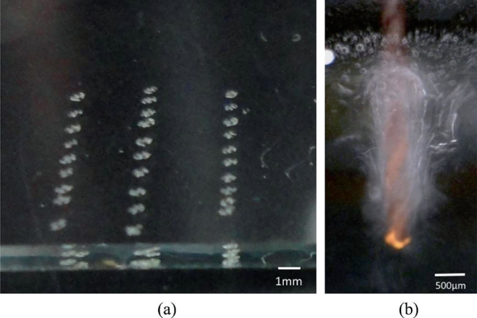 The images represent the craters. Image a represents the formation during electrochemical discharge, and image b represents the nature of a single discharge.