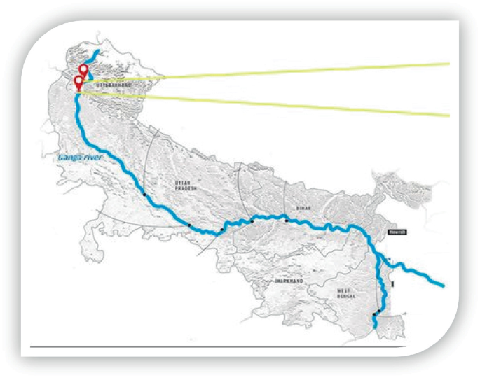 An illustration represents the flow of ganga river at Rishikesh, India.