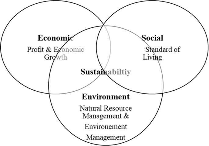 A model diagram represents three circles of sustainability of economic, social, and environment.