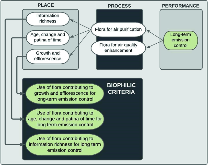 A model links from right, 1 item in performance to 2 in process, and 1 in process to 3 items of place, which satisfy biophilic criteria.