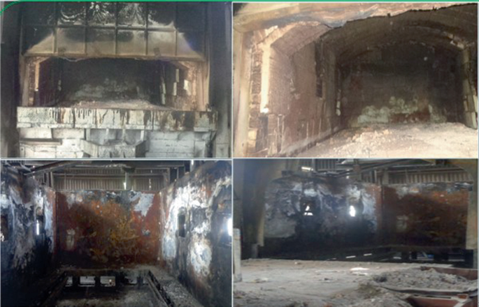 A four-part image of the furnace before kaizen ceramic walls.