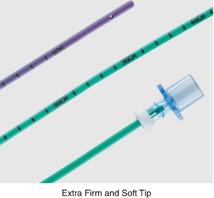 A picture of a cook airway exchange catheter with an extra firm and soft tip, the middle section with measurements, and a distal end with an oxygen lumen.