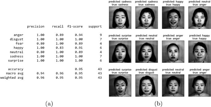 A set of two images. A, Classification report result of PC A plus S V M model for JAFFE data set. B, Grayscale images of facial expressions with predicted and true emotions.