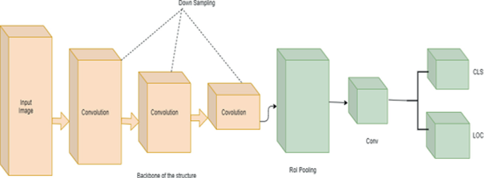 A flowchart with the following steps: input image, down sampling convolutions as backbone, R O I pooling, convolution, which leads to C L S and L O C.