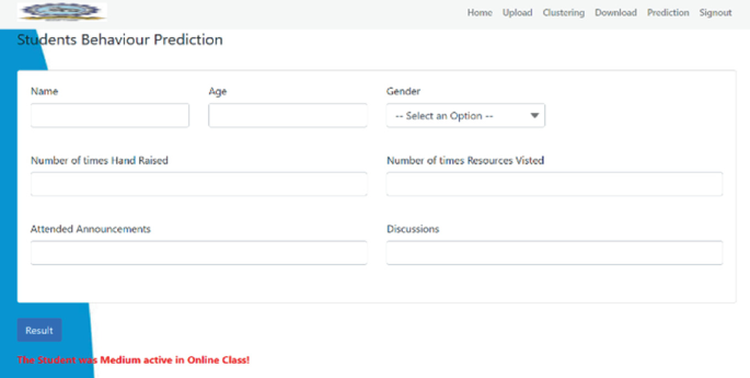 A snapshot depicts the prediction screen. It contains the student's name, age, gender, number of times hands raised, attended announcements, and discussions.