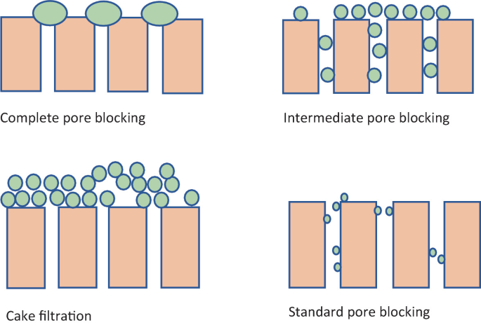 Illustrations of the several membrane fouling mechanisms. It depicts total pore blocking, moderate pore blocking, standard pore blocking, and cake filtration.