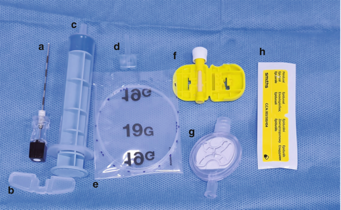 A photograph of pediatric epidural set with 8 components on display. A needle. Plastic wings. A syringe. A nozzle-like device. A loop of a thin tube. A connector. A round filter. A yellow-colored label.