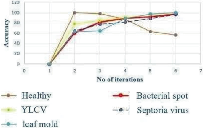 A line graph of accuracy versus the number of iterations, for healthy, Y L C V, leaf mold, bacterial spot, and septoria virus. Data for healthy increase, peak, and decrease, while the rest exhibit increasing trends.