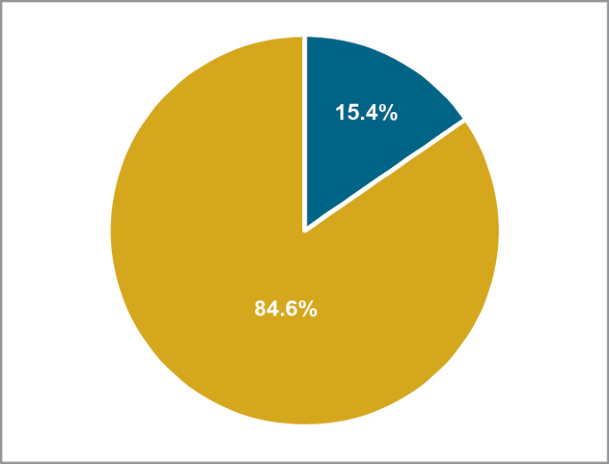 A pie chart has two parts, with values in percentage. The first part is 84.6 percent. The second part is 15.4 percent.