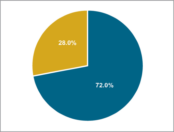 A pie chart has two parts, with values in percentage. The first part is 28 percent. The second part is 72 percent.