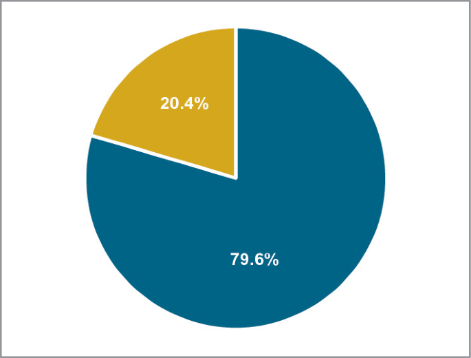 A pie chart has two parts, with values in percentage. The first part is 20.4 percent. The second part is 79.6 percent.