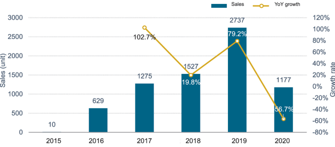 The bar graph depicts Sales and Y O Y growth from 2015 to 2020 in which in the year 2019 there must be maximum sales.