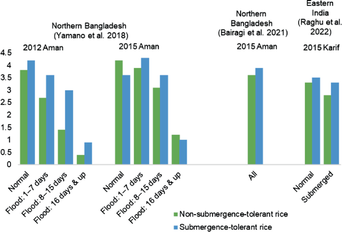 A combined bar graph depicts the allocation of non-submergence tolerant rice and submergence-tolerant rice in Bangladesh and India in 2012 and 2015.