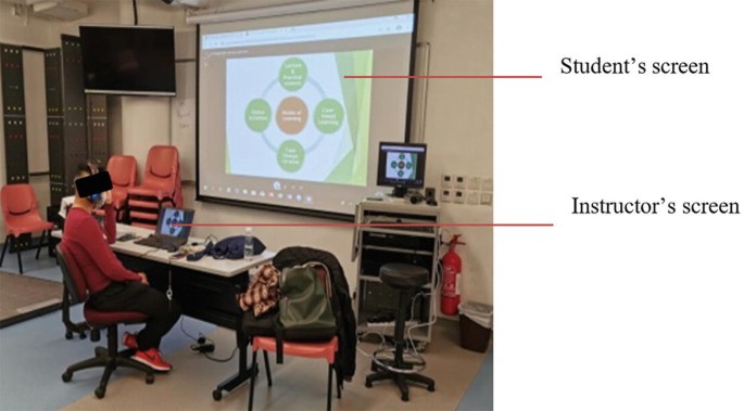 A photo of the onsite set-up for the teaching staff to deliver online lectures. It has a student's and an instructor&#x2019;s screen.