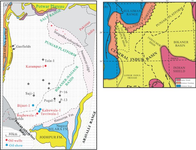 Two maps of the Bikaner Nagaur basin and the Central Indus basin respectively highlight the location of oil wells, oil shows, Indian shield, Sulaiman foredeep, and Sulaiman range.