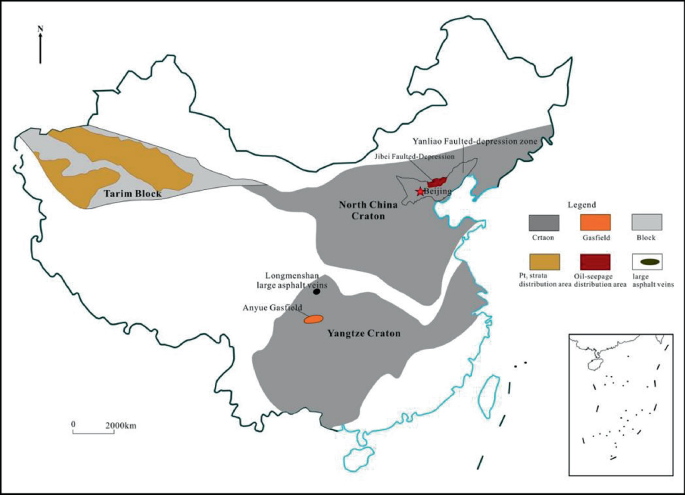 A geological map of China indicates the Neoproterozoic strata in the Tarim block, gas field and asphalt veins in the Yangtze craton, and oil seepage in the North China craton.