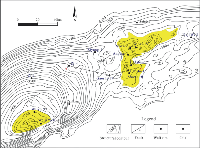 A structural contour map of China highlights the Weiji well and the Gaoshi, Moxi fault. The map also indicates the well sites and the cities.