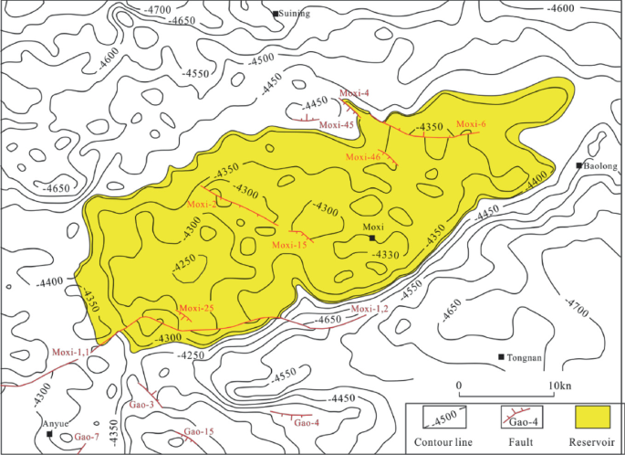 A contour map of China highlights the reservoir in the Moxi anticline. It also indicates the location of the faults.