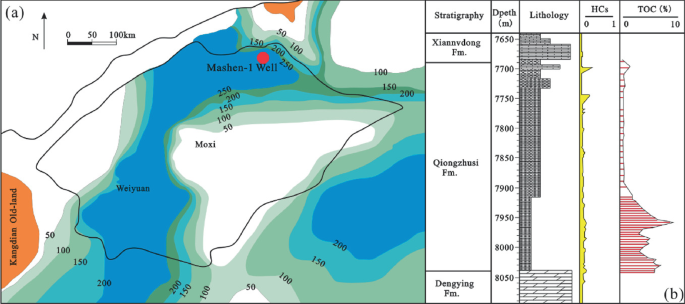 Two images a and b. Image a is a map of the source kitchen and has Mashen 1 marked in the north, while image b is a chart with stratigraphic data and lists the formations, depth, lithology, H Cs, and T O C %.