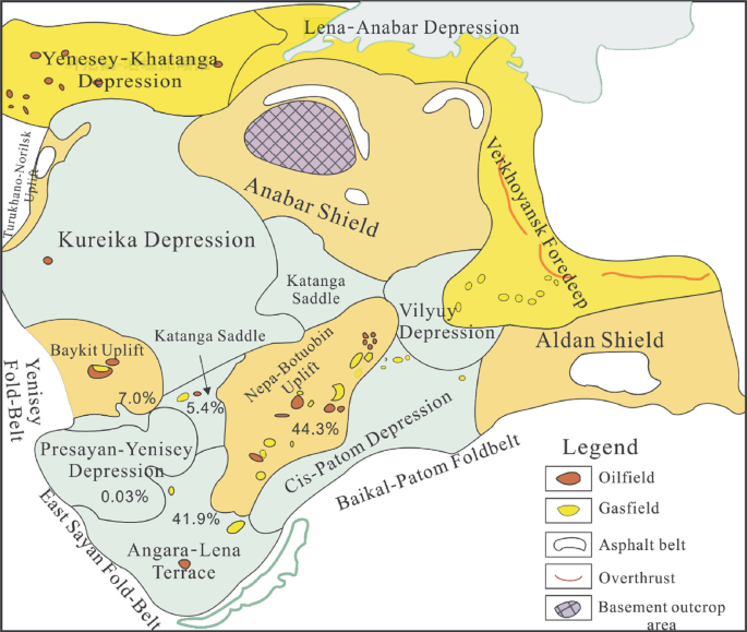 A geological map of Siberian craton in Russia. The map highlights the oilfields, gas fields, asphalt belts, overthrust, and basement outcrop area.