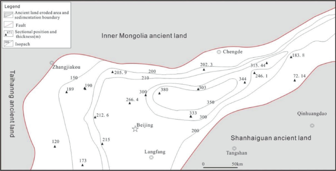 A map of the Jixianaian Tieling formation spread from the northeast to the southwest. The ancient lands are in the northwest and southeast. The contours are intense in the central east of the formation. The faults, thickness, and positions are marked.