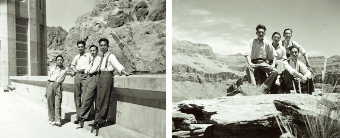 A group of four people is depicted in two pictures posing on a dam construction site.