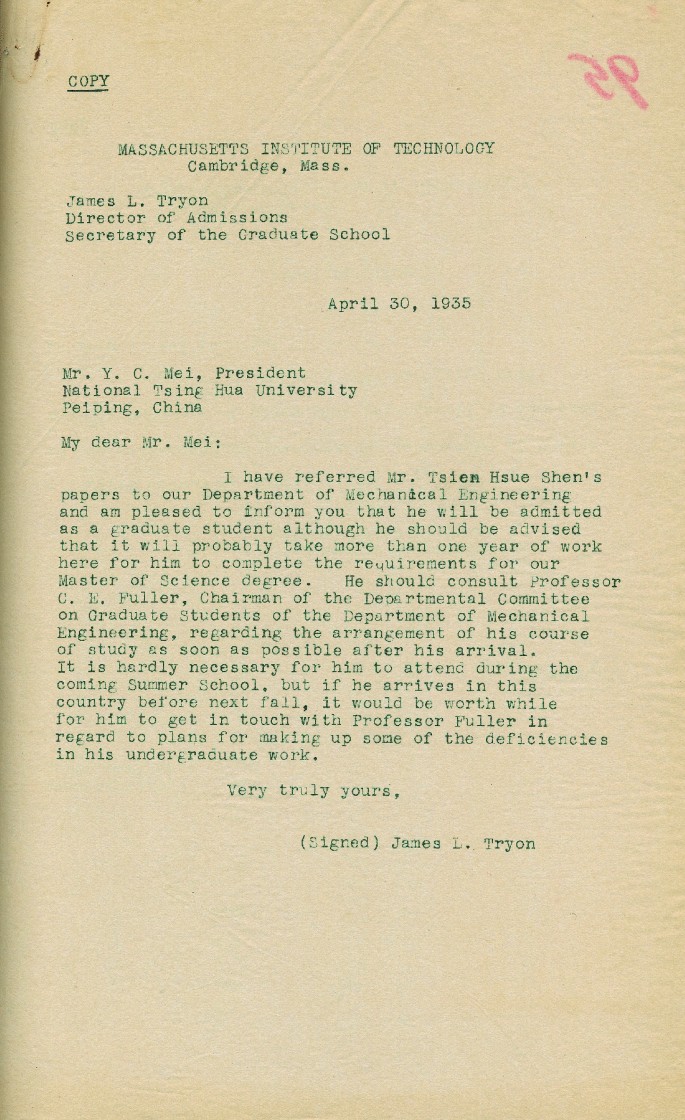An image of a paper depicts a copy of a reply letter written by James L. Tryon of the Massachusetts Institute of Technology to Y. C. Mei, the president of National Tsing Hua University, Peiping, China.