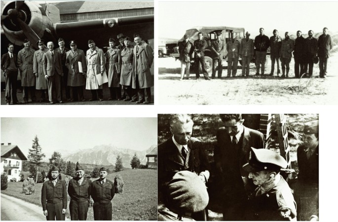 Four photographs depict a group of people inspecting different places using an airplane and road vehicles.