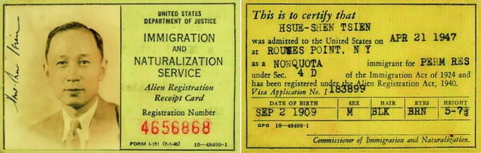 An image depicts a permit certificate of immigration and naturalization service issued by U S department of justice for Hsue shen Tsien.