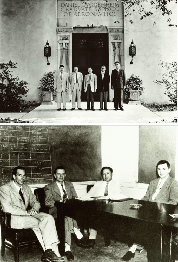 The first photograph depicts a group of five people standing in front of the gate of the Daniel Guggenheim graduate school of aeronautics, and the second depicts a group of four people seated in an office chamber.