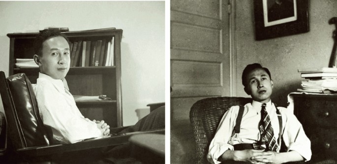 Two photographs of a person sitting on the chair in different poses.