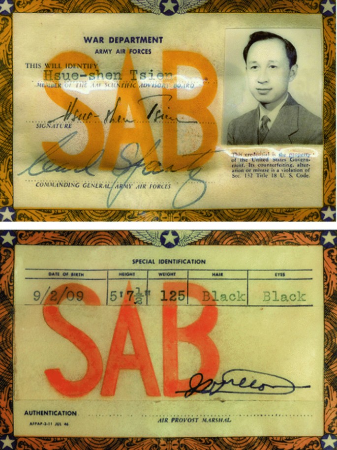 Two images depict the identity card that the war department issued to Hseu-shen Tsein in his capacity as a member of the army air force scientific advisory board.
