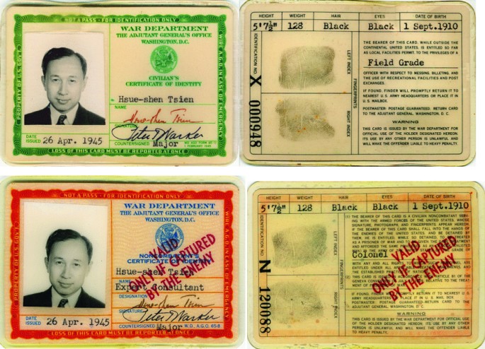 The four images depict two different types of Hseu-shen Tsein identification cards that the War Department issued. The first is the general I D, and the second is a standby in case the enemy captures the first.