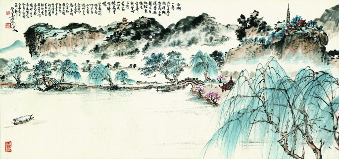 The sketch painting depicts a beautiful scenario of the west lake corner.