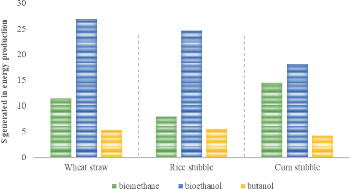 A bar graph representing the the economic advantage of generating energy. Bioethanol has the largest economic advantage, while butanol has the lowest.