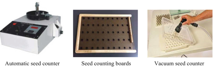 Three photographs of the different types of seed counters. The leftmost is the automatic seed counter, the middle one is the seed counting board, and the right one is the vacuum seed counter.