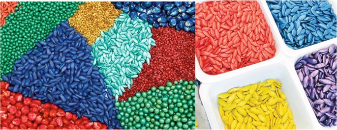 Two photos display a collection of different shaped seeds coated with bright artificial colors.