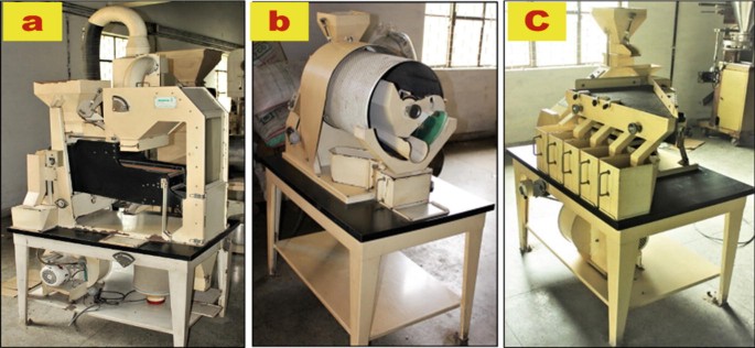 3 photographs A, B, and C of different machines. A is the Air Screen Cleaner, B is the Indented Cylinder, and C is the Gravity Separator used to process vegetable seeds.