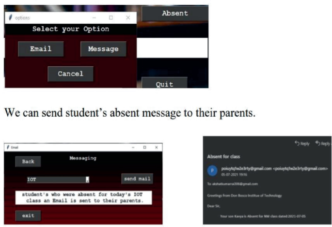 Two screenshots of the proposed system's U I and an opened email depict the email notification functionality when a student is absent for a class. It is sent to the student's parents.