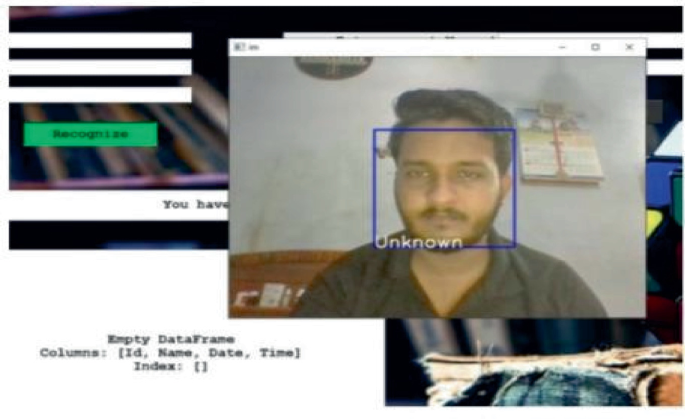 A screenshot of the proposed system's U I page has a photograph of a man labeled unknown, and the input values I D, name, date, and time are displayed as null.