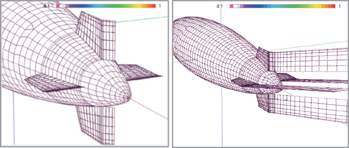 Two images represent the geometry of fins, control surfaces, and wake panels of a large airship. It is presented with grid lines and a scale is evident above.