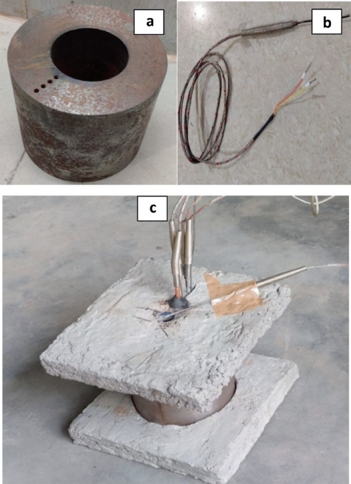 3 photographs of the setup and its components. The setup is composed of a cylindrical casting die between 2 slabs, where the upper portion has various wires connected to it.