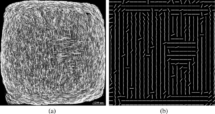 A set of two images with microscopic views. It depicts a square shape with various meshed fibers with white color and a 26 into 26 toolpath grid pattern with a black background.