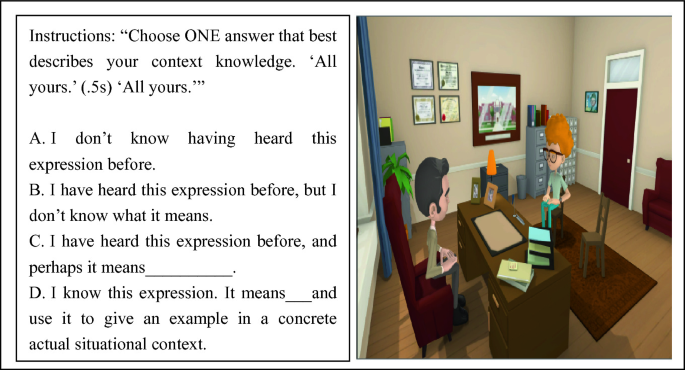 A screenshot of the animation of two people seated in an office chamber and the text next to it is about choosing an answer with those 4 options listed. The question is to test the context language on the term All Yours.