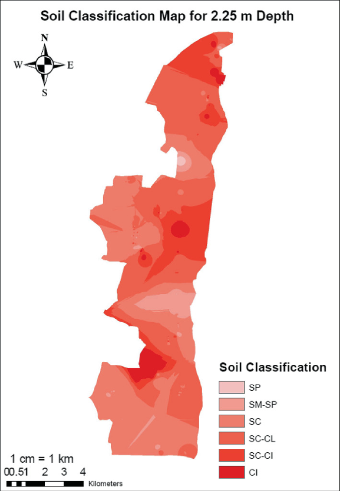 A soil classification map with specified legends, for the depth of 2.25 meters, is generated using the Inverse Distance Weighted interpolation.