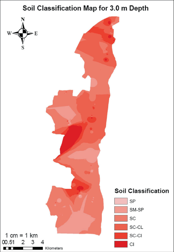 A soil classification map with specified legends, for the depth of 3 meters, is generated using the Inverse Distance Weighted interpolation.