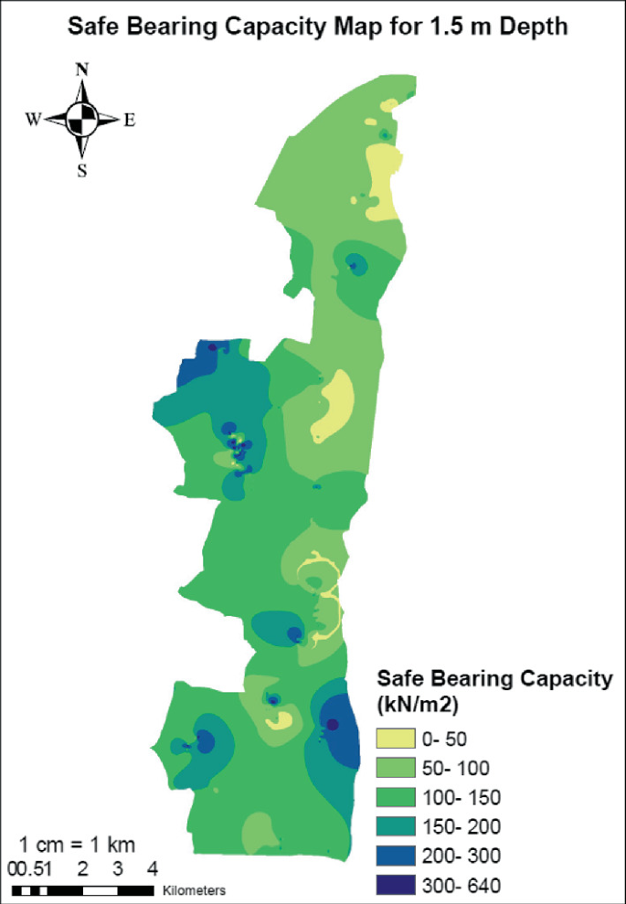 A safe bearing capacity map of the study area is generated using Topo to Raster interpolation with a foundation width of 1.5 meters and a depth of 1.5 meters.