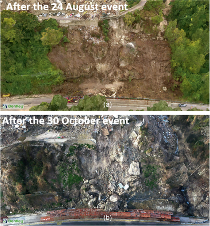 Two three-dimensional models indicate the landslide due to the two incidents during which Limestone boulders rolled over the highway.