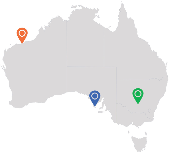 A map of Australia depicts the 3 pointed areas as port Hedland, port Lincolnport, and Griffith.