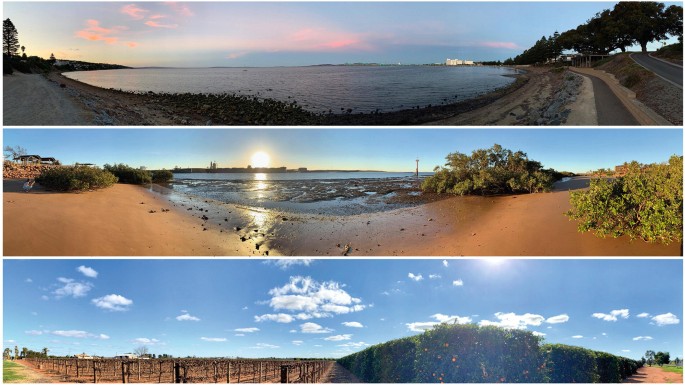 Three photographs a. Panoramas of port Heland. b. Port Lincoln port. C. Griffith. The photos show clouds, water, sand, and trees.
